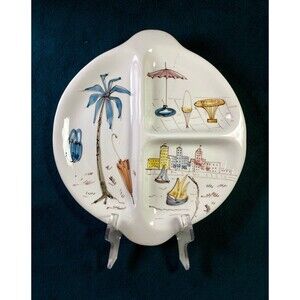 VTG Hand Painted Italy Divided Serving Plate Tray Mid Century Tapas Dish Chip